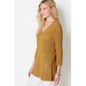 J. Jill Gold Mustard V-Neck 3/4 Sleeve Lightweight Knit Tunic Sweater Medium